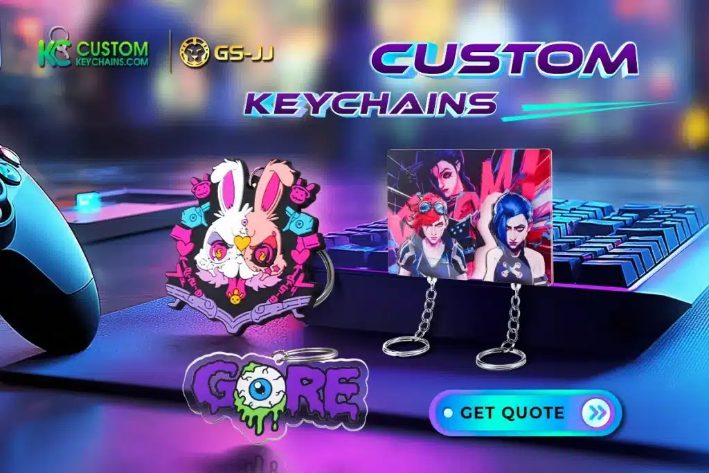League of Legends MMR Checker 3 Colorful custom keychains featuring cartoon and star designs, promoting GSJJ and CustomKeychains.com