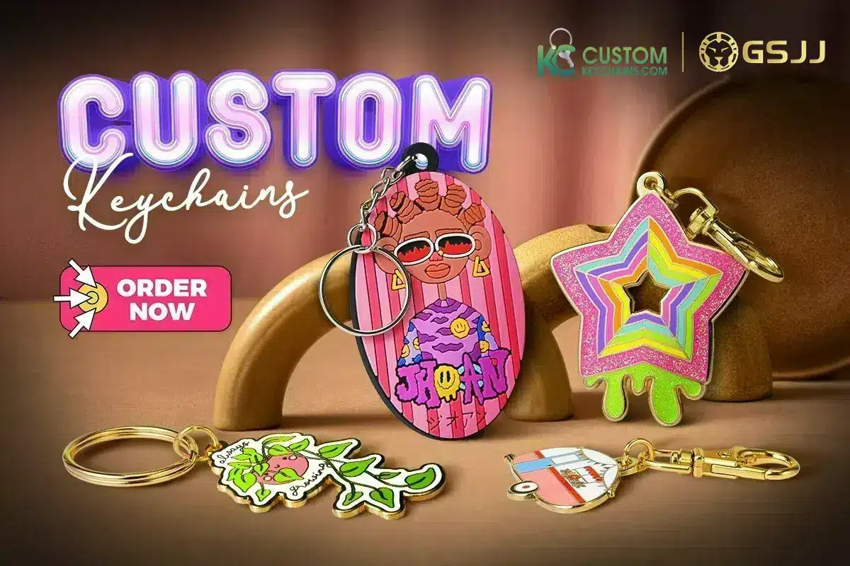 League of Legends MMR Checker 3 Colorful custom keychains featuring cartoon and star designs, promoting GSJJ and CustomKeychains.com