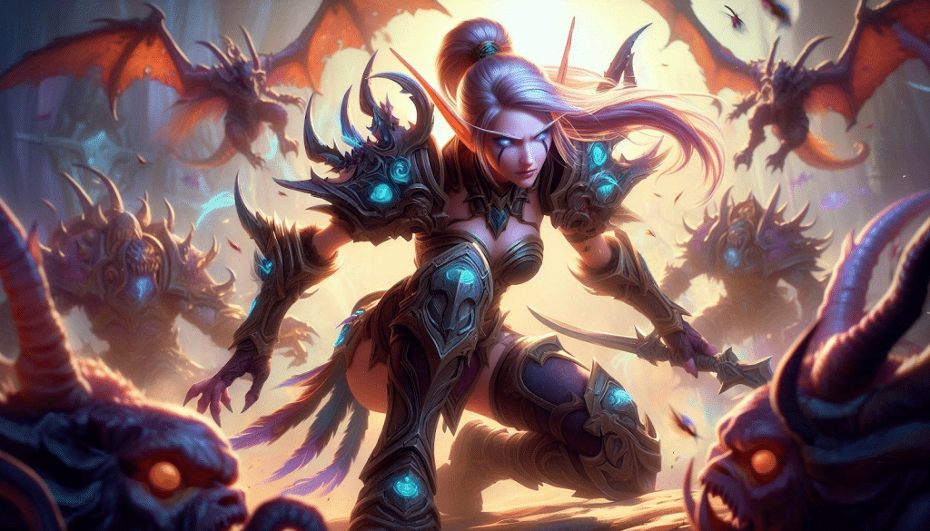 Fantasy female elf warrior in dark armor fighting horned demons with bats flying in the background.