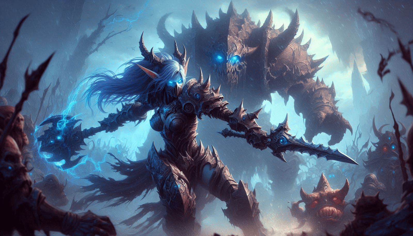 World of Warcraft The War Within – Night Elf warrior fighting armored monster in dark forest